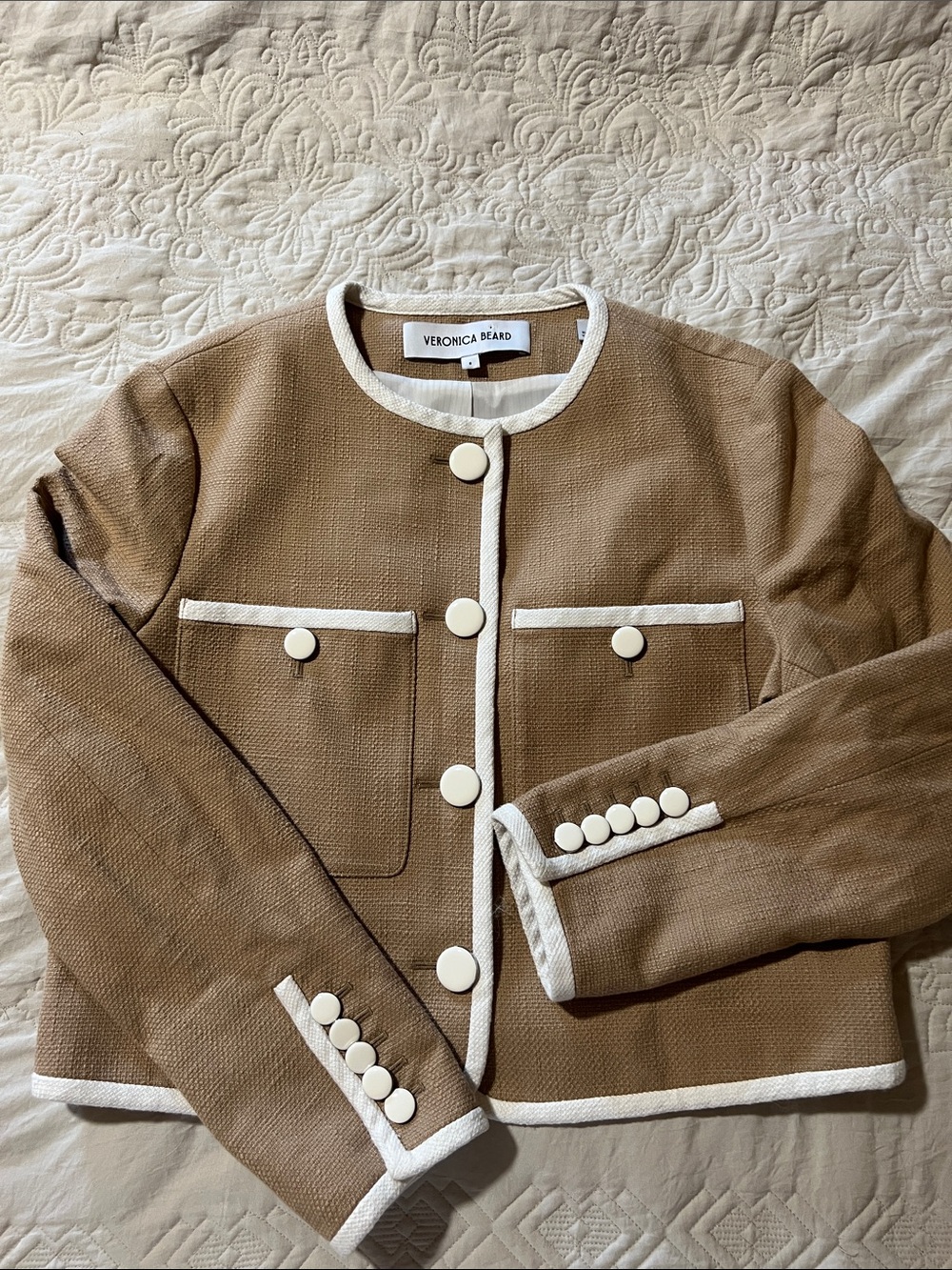 Veronica Beard Beale Tan Beige Cropped Jacket Blazer with White Trim and Buttons